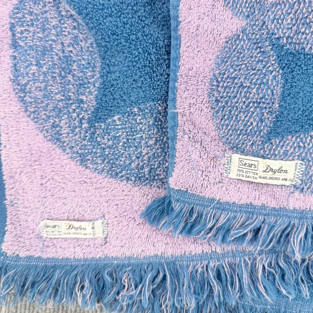 Vintage Sears Drylon Towel Set Blue Lavender Geometric Circle Fringe MCM 2pc